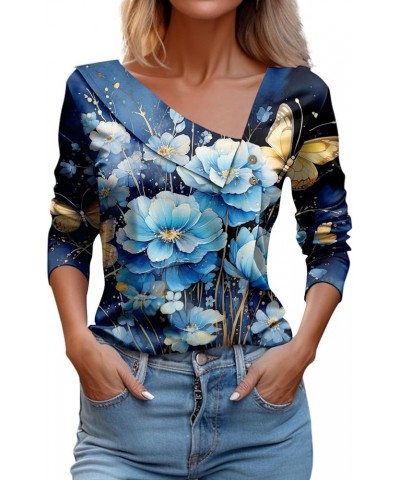 Women's 2023 Fall Long Sleeve Cotton Tops V Neck Fall Fashion Oversized Blouses Slim Fit Cowl V Neck Hippie T-Shirt 1-sky Blu...