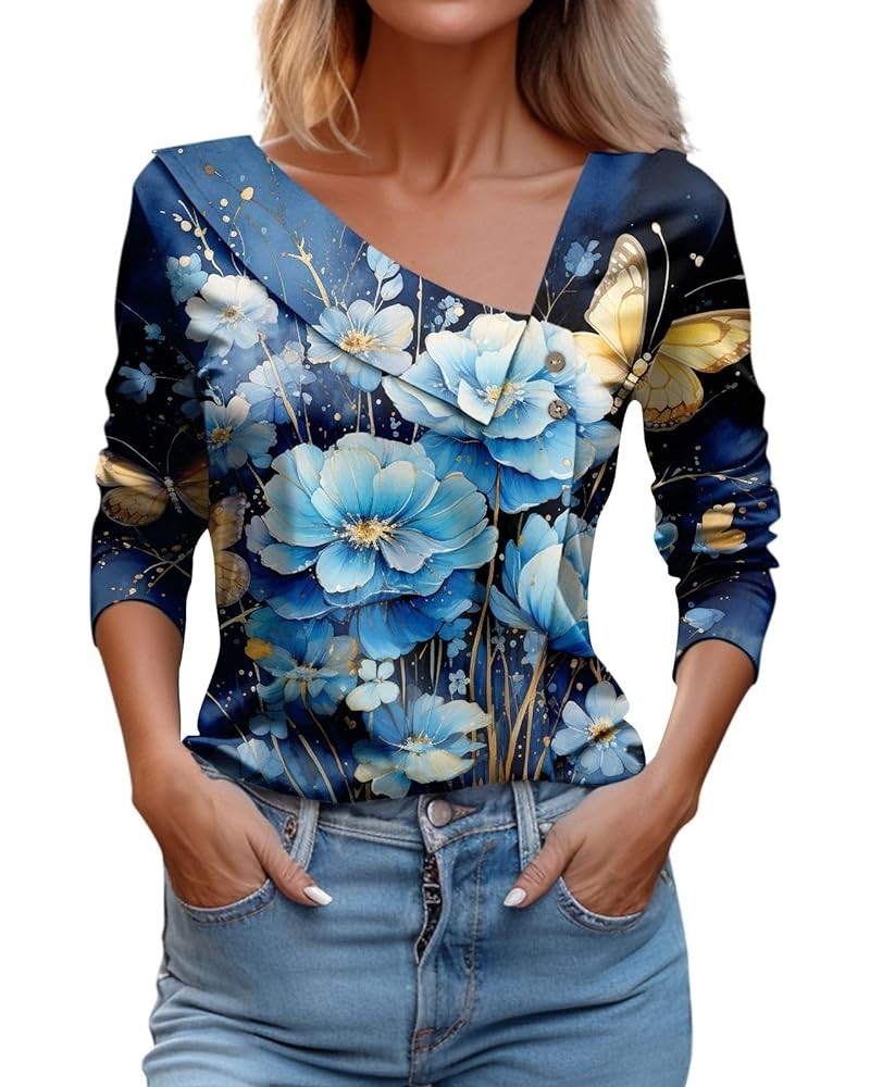 Women's 2023 Fall Long Sleeve Cotton Tops V Neck Fall Fashion Oversized Blouses Slim Fit Cowl V Neck Hippie T-Shirt 1-sky Blu...