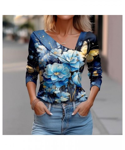 Women's 2023 Fall Long Sleeve Cotton Tops V Neck Fall Fashion Oversized Blouses Slim Fit Cowl V Neck Hippie T-Shirt 1-sky Blu...