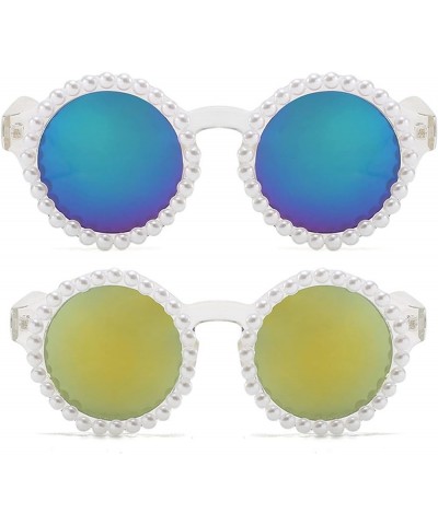 Luxury Fine Shimmering Pearl Sun Glasses Women Round Sun Glasses Retro Bling Sunglasses Female Beach party Eyewear 2pcs-blue&...