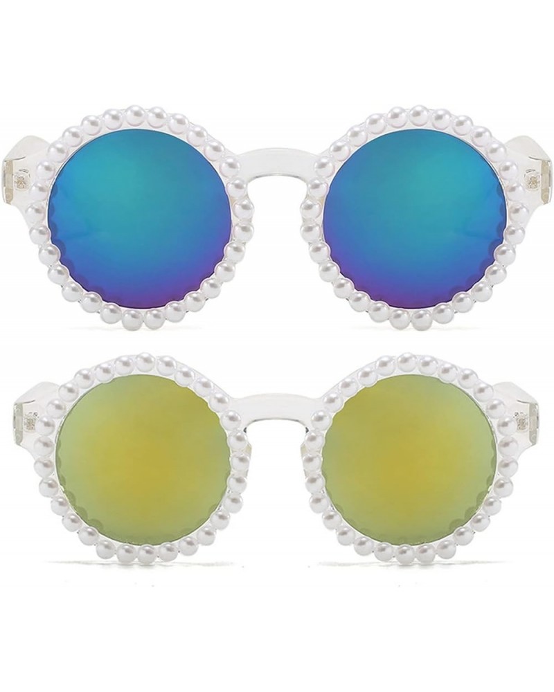 Luxury Fine Shimmering Pearl Sun Glasses Women Round Sun Glasses Retro Bling Sunglasses Female Beach party Eyewear 2pcs-blue&...