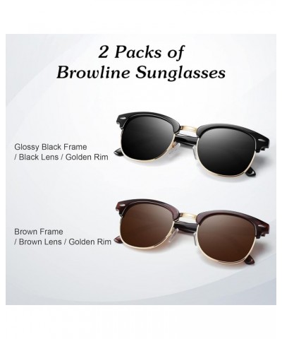 Polarized Sunglasses Men Women,Semi Rimless Retro Shades UV400 Protection B2-(2 Pack) Glossy Black | Black | Golden Rim / Bro...