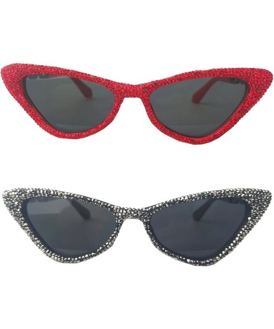 Bling Rhinestones Sunglasses Women Cat Eye Diamond Sun Glasses Female Fashion Square Eyeglasses 2pcs-black&red $10.16 Designer