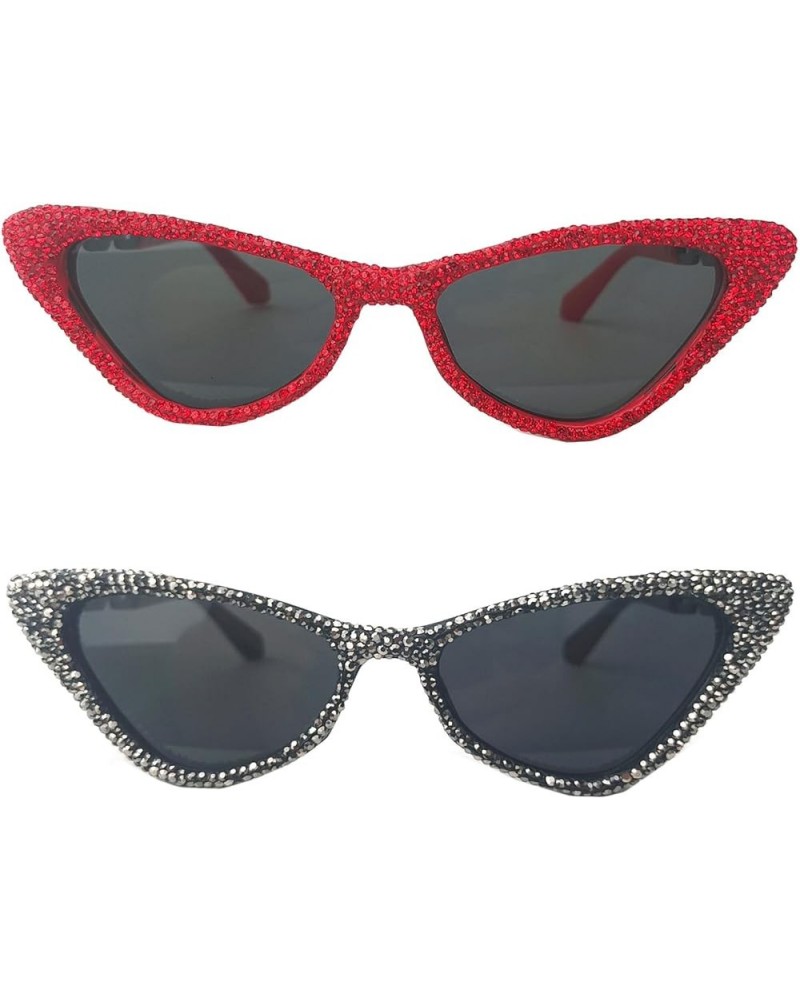 Bling Rhinestones Sunglasses Women Cat Eye Diamond Sun Glasses Female Fashion Square Eyeglasses 2pcs-black&red $10.16 Designer