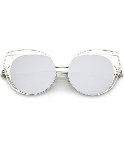 Geometric Cutout Thin Metal Frame Round Mirrored Flat Lens Cat Eye Sunglasses 53mm Silver / Silver Mirror $9.85 Cat Eye