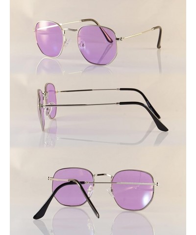 Tinted Mirror Lens Hexagon Shape Classic Minimal Design Sunglasses A309 A310-1 Purple Silver $12.53 Hexagonal