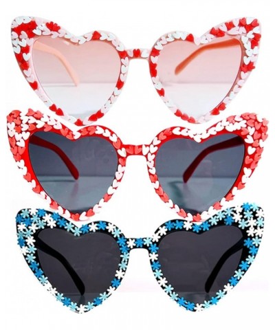 Cute Women's Heart Shaped Sunglasses Fashion Snowflake Cat Eye Sunglasses Fashion Pink Party Sunglasses UV Protection 3pcs-bl...