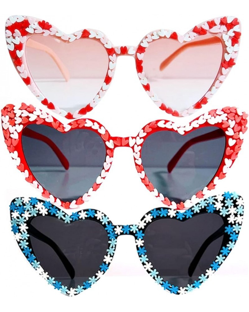 Cute Women's Heart Shaped Sunglasses Fashion Snowflake Cat Eye Sunglasses Fashion Pink Party Sunglasses UV Protection 3pcs-bl...