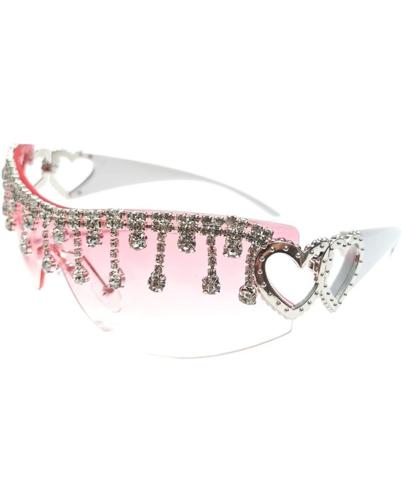 Y2K tassel rhinestone Sunglasses for Women Rimless Trendy Oversized Fashion Shield Wrap Around Sunglasses Pink $9.41 Shield