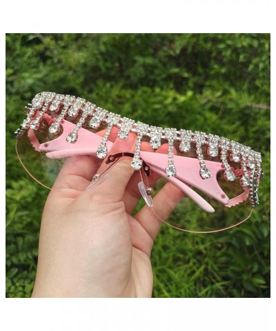 Y2K tassel rhinestone Sunglasses for Women Rimless Trendy Oversized Fashion Shield Wrap Around Sunglasses Pink $9.41 Shield