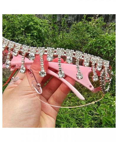 Y2K tassel rhinestone Sunglasses for Women Rimless Trendy Oversized Fashion Shield Wrap Around Sunglasses Pink $9.41 Shield