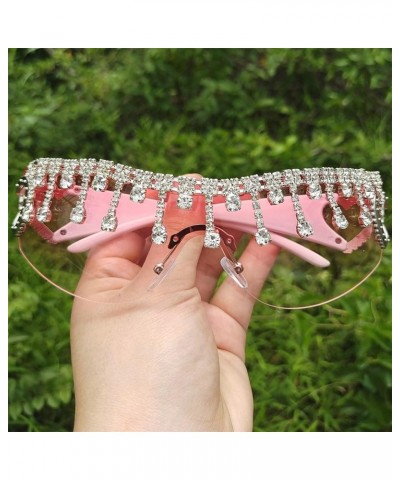 Y2K tassel rhinestone Sunglasses for Women Rimless Trendy Oversized Fashion Shield Wrap Around Sunglasses Pink $9.41 Shield