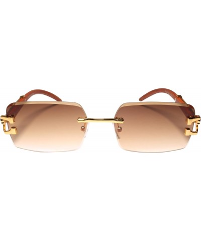 Look Rich Leopard Decor Faux Wood Gold Temple Rimless Hip Hop Brown Sunglasses $10.39 Rectangular