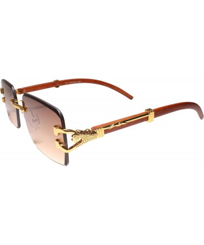 Look Rich Leopard Decor Faux Wood Gold Temple Rimless Hip Hop Brown Sunglasses $10.39 Rectangular