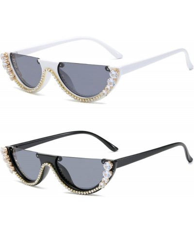 Colorful Diamond Fashion Half Moon Frame Sunglasses for Women Cat Eye Bling Rhinestone Sun Glasses Ladies Party Eyewear 2pcs-...