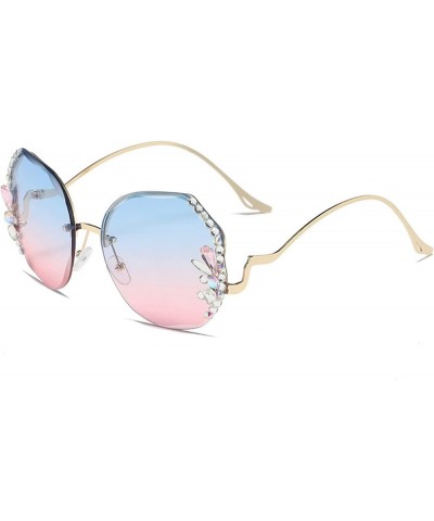 Round Rhinestone Sunglasses for Women Diamond Cutting Lens Metal Temples Trend Rimless Gradient Sun Glasses Blue&pink $11.15 ...