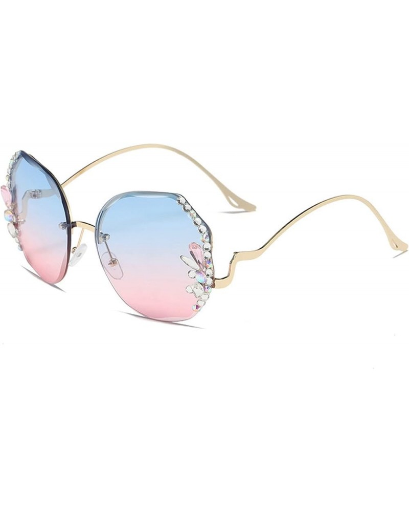 Round Rhinestone Sunglasses for Women Diamond Cutting Lens Metal Temples Trend Rimless Gradient Sun Glasses Blue&pink $11.15 ...