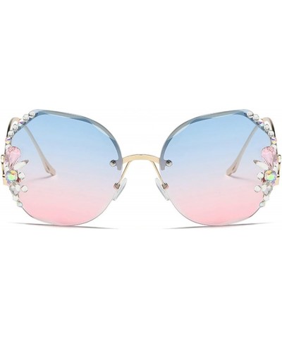 Round Rhinestone Sunglasses for Women Diamond Cutting Lens Metal Temples Trend Rimless Gradient Sun Glasses Blue&pink $11.15 ...