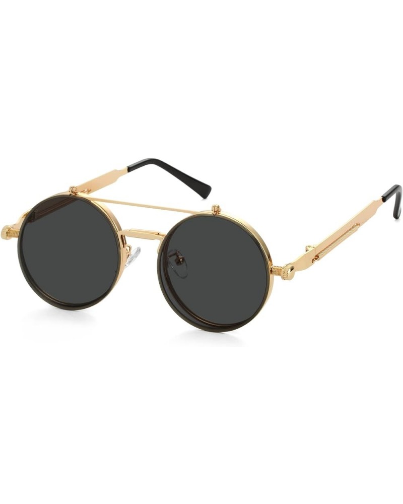 Vintage Round Flip Up Sunglasses for Women Men Hippie Style Circle Sun Glasses Gold/Black $12.86 Round