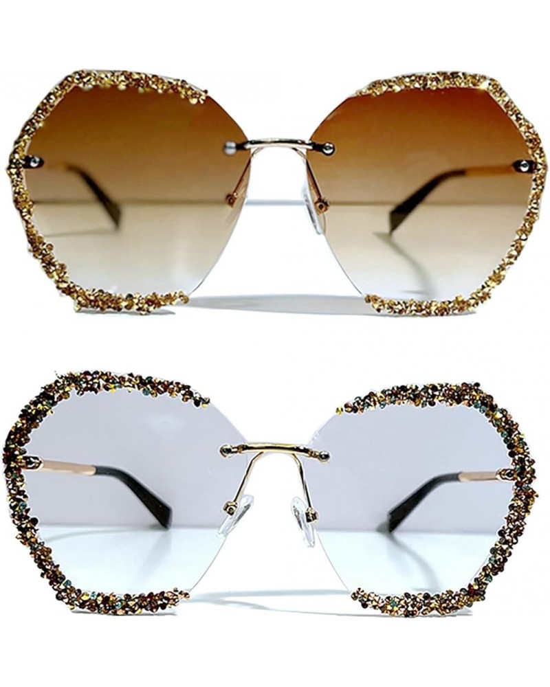 Rhinestone Sunglasses Women 2023 Vintage Rimless Diamond Eyeglasses Gradient Lens Shades for Female 2pcs Brown+clear $13.41 R...