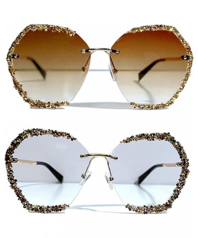 Rhinestone Sunglasses Women 2023 Vintage Rimless Diamond Eyeglasses Gradient Lens Shades for Female 2pcs Brown+clear $13.41 R...