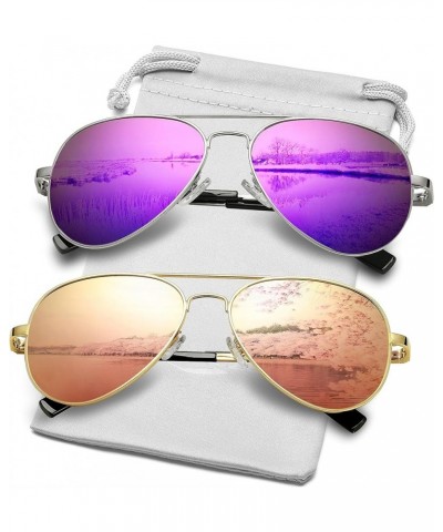 Classic Aviator Polarized Sunglasses for Men Women Spring Hinge Metal Frame UV400 Protection 2 Pack (Silver/Purple Mirror + G...