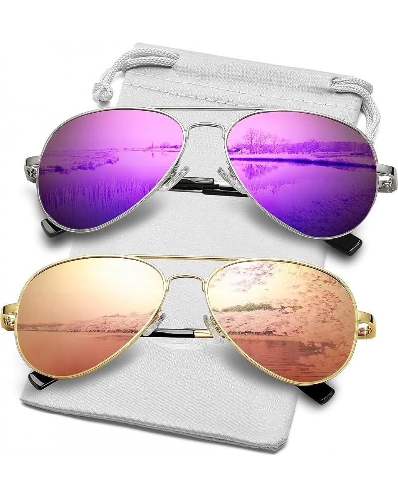 Classic Aviator Polarized Sunglasses for Men Women Spring Hinge Metal Frame UV400 Protection 2 Pack (Silver/Purple Mirror + G...