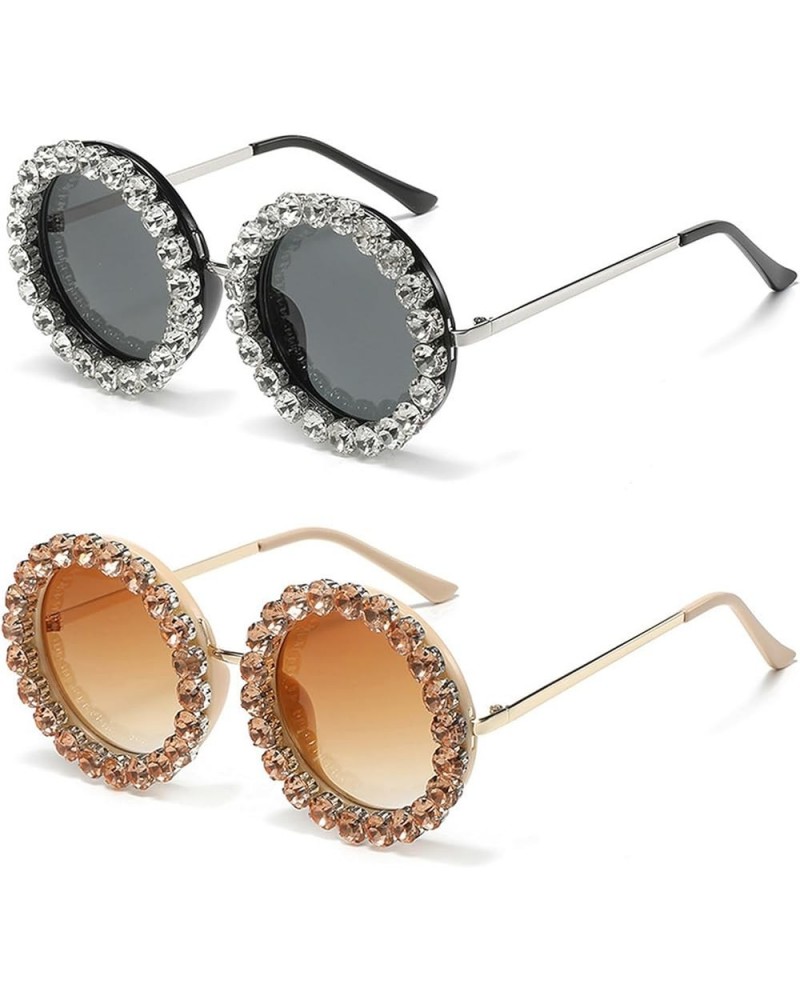 Round Rhinestone Sunglasses Women Fashion Diamond bling party Sun Glasses Crystal Trim Jeweled Frame Costume Shades 2pcs-whit...