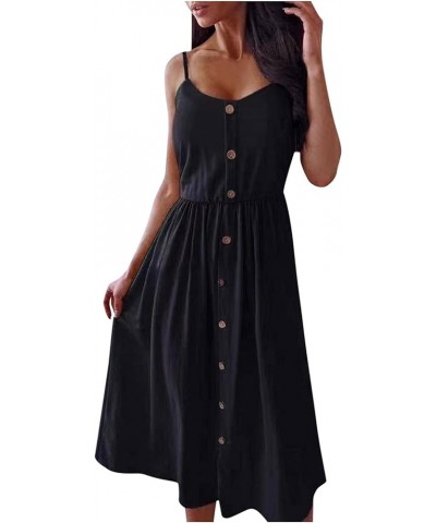 Women's Dresses Summer Sleeveless Casual Mid-length Skirt Single-breasted Sling Dresses Button Decoration Long Skirt Black $1...