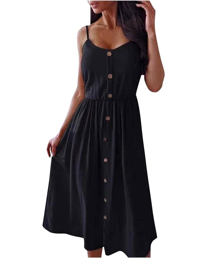 Women's Dresses Summer Sleeveless Casual Mid-length Skirt Single-breasted Sling Dresses Button Decoration Long Skirt Black $1...