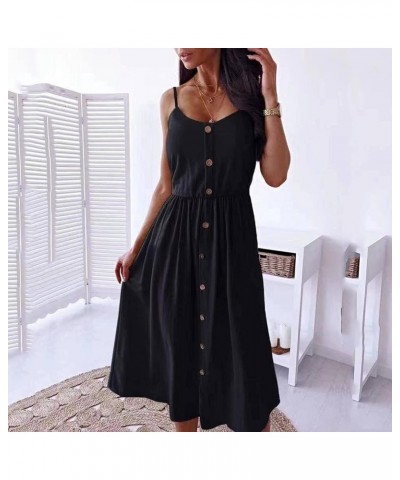 Women's Dresses Summer Sleeveless Casual Mid-length Skirt Single-breasted Sling Dresses Button Decoration Long Skirt Black $1...