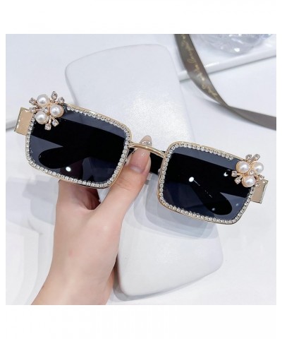 Diamond Rectangle Sunglasses Women 2023 Fashion Small Square Frame Sun Glasses for Ladies Pearl Rhinestone Sunglasses Gold Gr...