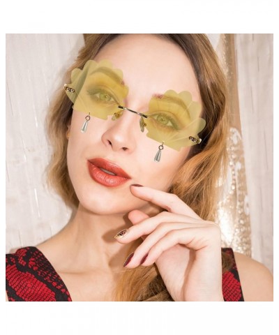 Shell Shaped Eyeglasses Rimless Wave Sunglasses Funny 90s Disco Party Eyewear for Men Women Yellow $10.78 Designer