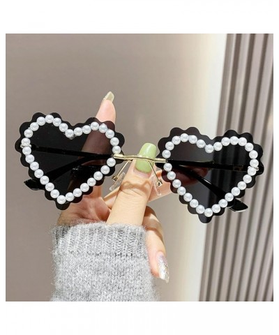 Cute Rimless Love Heart Pearl Sunglasses Women Diamond Heart Shaped Sun Glasses Party Festival Shimmering Bling Eyewear Black...