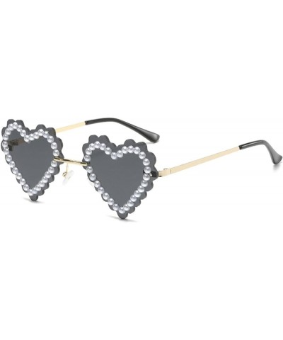 Cute Rimless Love Heart Pearl Sunglasses Women Diamond Heart Shaped Sun Glasses Party Festival Shimmering Bling Eyewear Black...