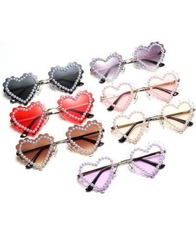 Cute Rimless Love Heart Pearl Sunglasses Women Diamond Heart Shaped Sun Glasses Party Festival Shimmering Bling Eyewear Black...