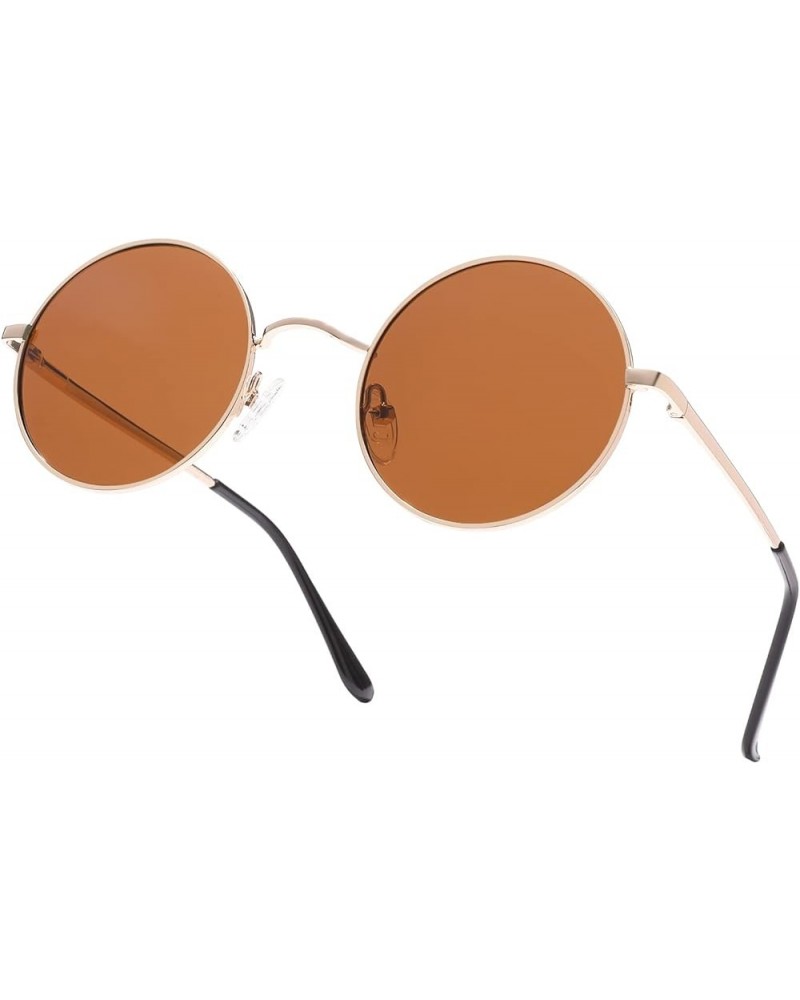 Retro Round Polarized Sunglasses for Women Men Small Metal Frame Circle Hippie Glasses A8* Gold/Brown $8.39 Round