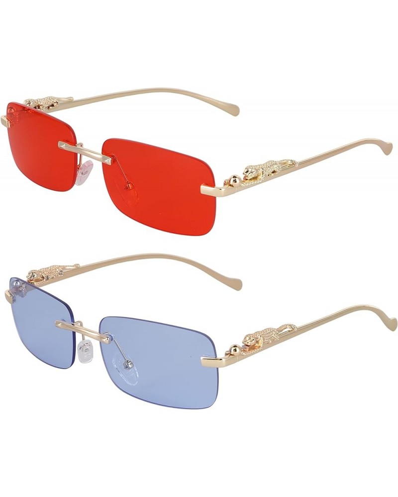 Rimless Oversized Sunglasses for Women Men Rectangular Frameless Fashion Shades (Clear) 2 Pack: Red and Blue Multicolor $11.7...