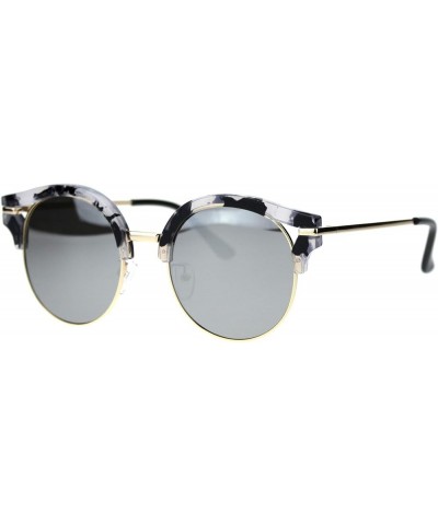 Polarized Womens Mod Round Ribbon Half Rim Chic Sunglasses White Marble Silver Mirror $10.57 Round