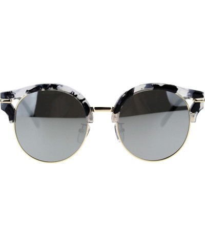 Polarized Womens Mod Round Ribbon Half Rim Chic Sunglasses White Marble Silver Mirror $10.57 Round