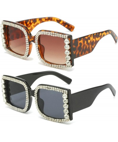 Oversized Square Rhinestone Glasses Vintage Crystal Eyewear Bling Diamond Party Sunglasses for Women 2pcs-black&leopard $9.14...