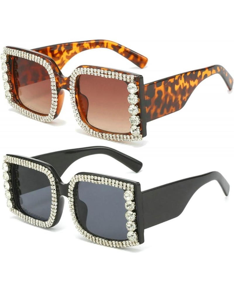 Oversized Square Rhinestone Glasses Vintage Crystal Eyewear Bling Diamond Party Sunglasses for Women 2pcs-black&leopard $9.14...