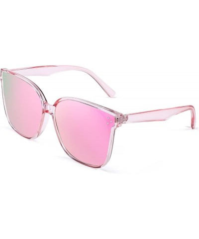 Retro Square Polarized Sunglasses Women Men Vintage Minimalist Shades B2600 Clear Pink Frame Mirrored Pink Lenses $10.08 Square