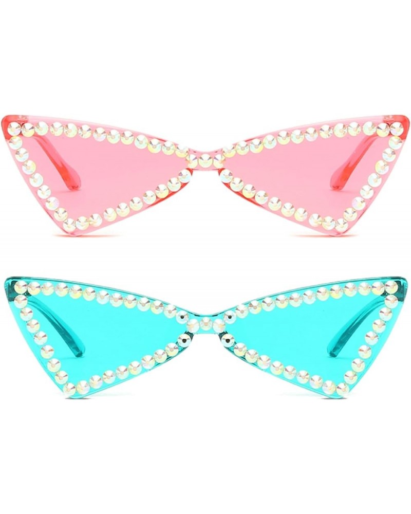 Sexy Cat Eye Sunglasses Women Rimless Vintage Rhinestone Sun Glasses Female Lady Candy Color Eyewear Triangle Shades 2pcs-pin...