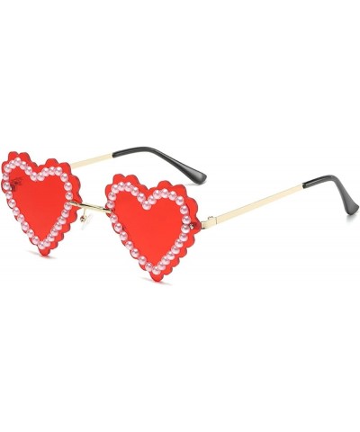 Cute Rimless Love Heart Pearl Sunglasses Women Diamond Heart Shaped Sun Glasses Party Festival Shimmering Bling Eyewear 2pcs-...