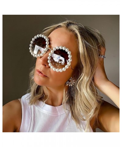 Luxury Pearl Decoration bling Candy color Sunglasses Women Fashion Metal Frame Oval Pearl Sun Glasses UV400 Gary $10.54 Round