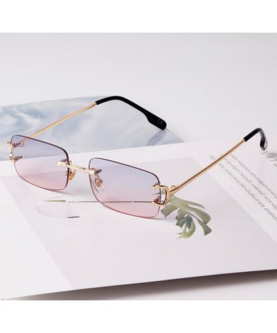 Rimless Sunglasses for Men Women Fashion Small Narrow Rectangle Sun Glasses Shades 90s Eyewear Gradient Grey Pink $11.58 Rimless