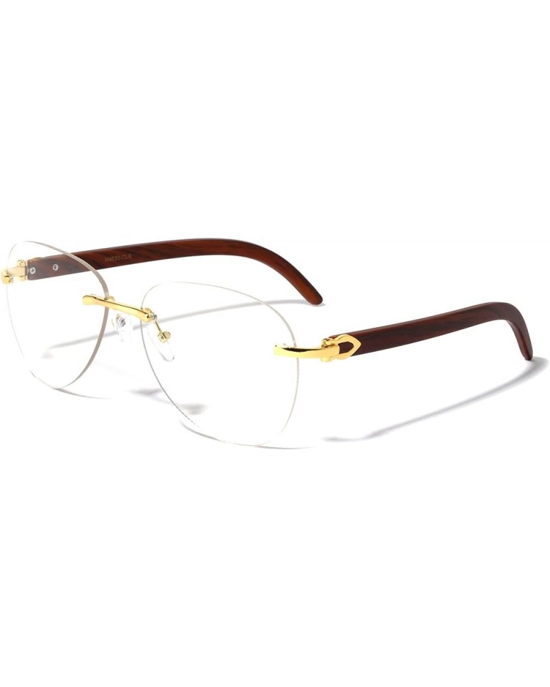 Rimless Aviator Clear Lens Wood Temple Sunglasses Gold Mid $10.61 Aviator