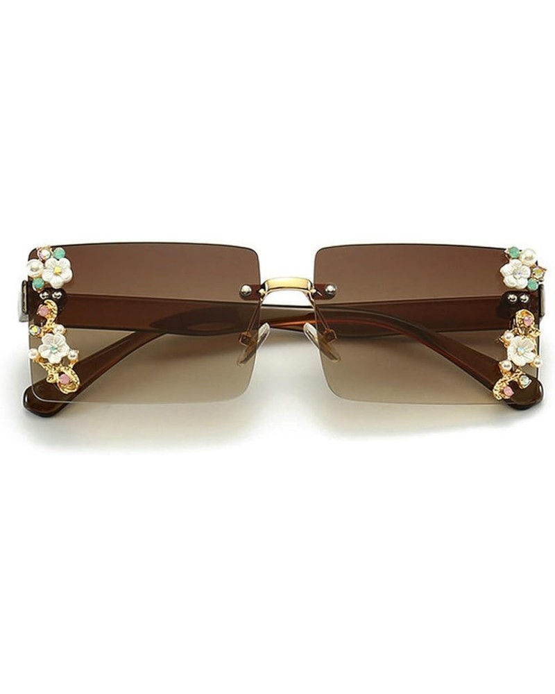 Rimless Sunglasses Women Shiny Crystal Rectangle Sun Glasses Flower Decoration Eyewear Vintage Men Shades UV400 Tea $10.06 Ri...