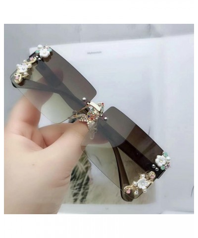 Rimless Sunglasses Women Shiny Crystal Rectangle Sun Glasses Flower Decoration Eyewear Vintage Men Shades UV400 Tea $10.06 Ri...